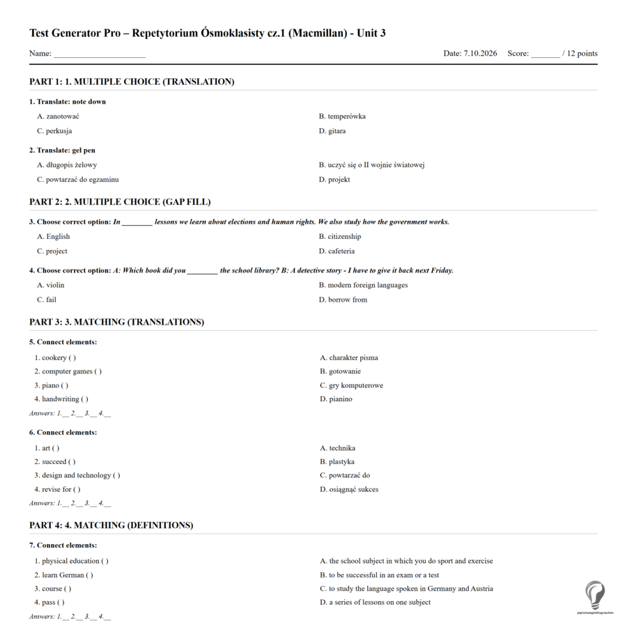 Generator testów Repetytorium Ósmoklasisty cz. 1 (Macmillan), Dział 3