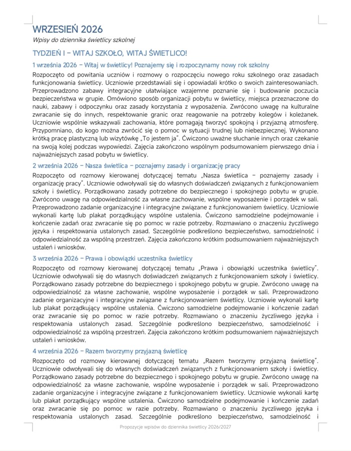 Propozycje wpisów do dziennika świetlicy 2026/2027