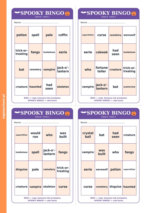 Halloween – Spooky Bingo – język angielski, klasa 8