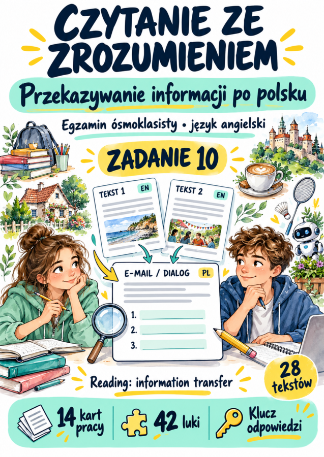 Czytanie ze zrozumieniem E8 – Przekazywanie informacji po polsku | 14 kart pracy + klucz