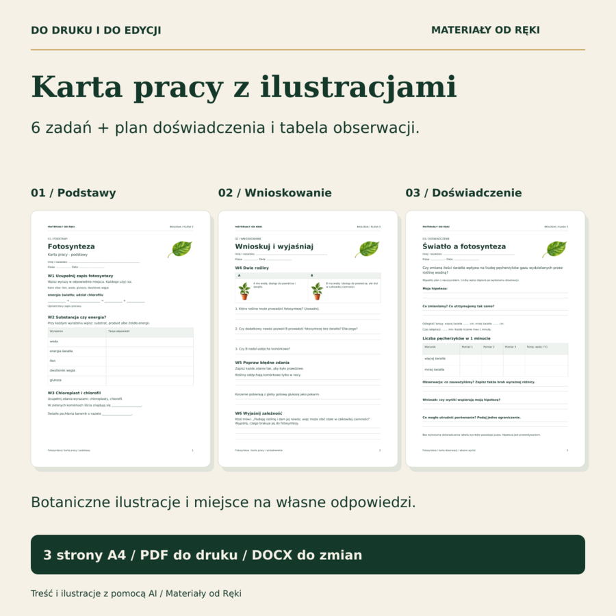 Fotosynteza, klasa 5 - 15 slajdów, karta pracy PDF/DOCX i przewodnik