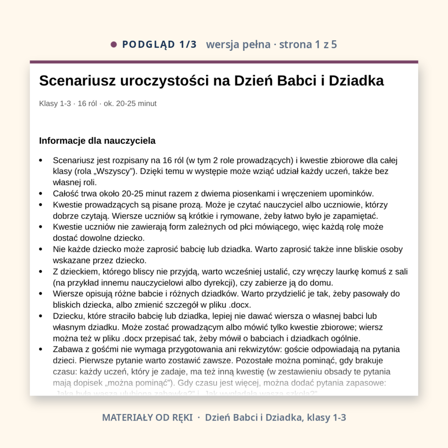 Scenariusz na Dzień Babci i Dziadka, klasy 1-3, wersja pełna i skrócona