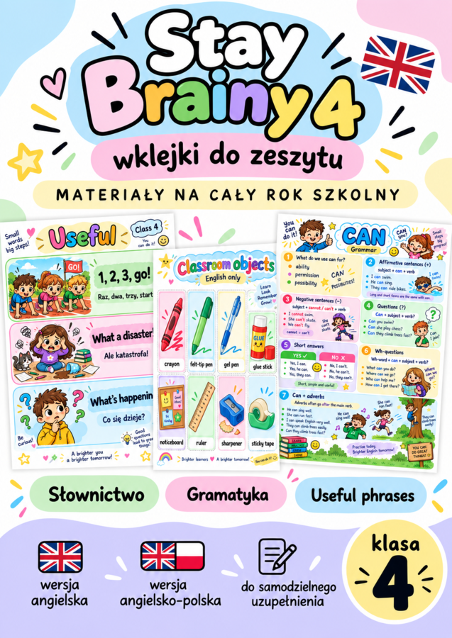 Stay Brainy 4 – wklejki do zeszytu | słownictwo + gramatyka + Useful Phrases | cały rok