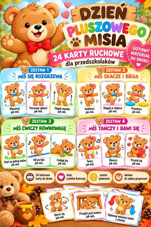 DZIEŃ PLUSZOWEGO MISIA  - 24 KARTY RUCHOWE DLA PRZEDSZKOLAKÓW