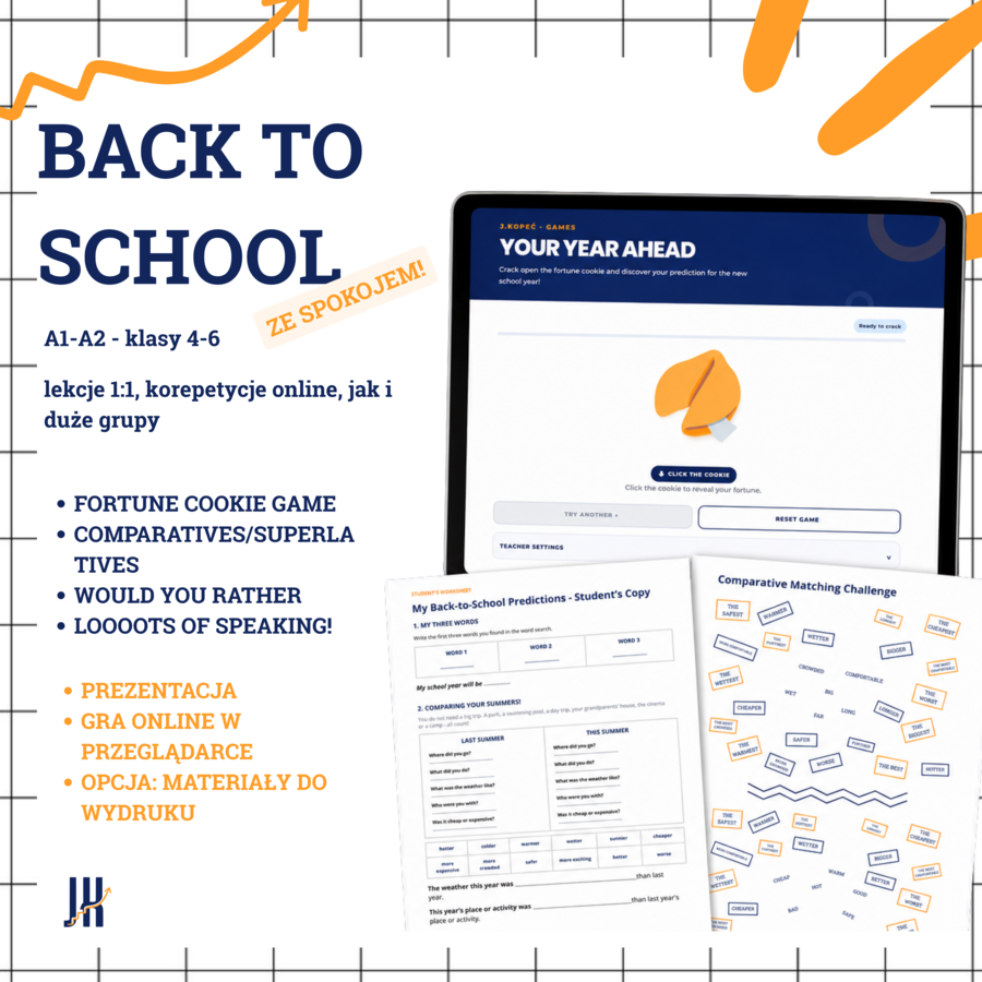 BACK TO SCHOOL  A1–A2 | GOTOWA lekcja języka angielskiego po wakacjach | prezentacja 37 slajdów + karta pracy + gra online