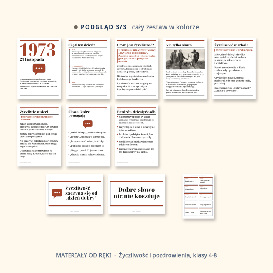 Gazetka na Światowy Dzień Życzliwości i Pozdrowień 21 listopada: napis, 8 plansz o życzliwości, hasła i karty ze zwrotami, klasy 4-8