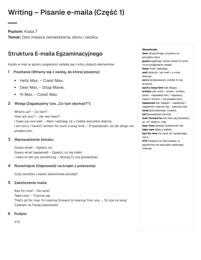 Zestaw Ćwiczeń: PROSTY E-mail Egzaminacyjny - pisanie sterowane, bank zwrotów, uzupełnianie luk