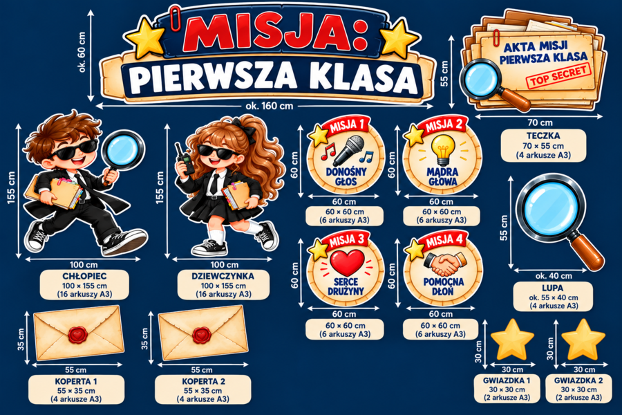 Ślubowanie pierwszoklasistów – MISJA: PIERWSZA KLASA | Dekoracja XXL do druku PDF