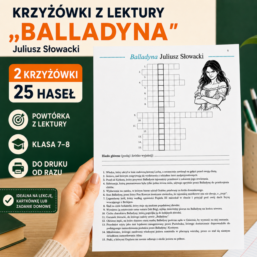 Krzyżówka z lektury „Balladyna” – karta pracy | Klasa 7–8 | powtórka, kartkówka, egzamin ósmoklasisty