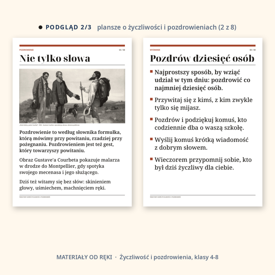 Gazetka na Światowy Dzień Życzliwości i Pozdrowień 21 listopada: napis, 8 plansz o życzliwości, hasła i karty ze zwrotami, klasy 4-8