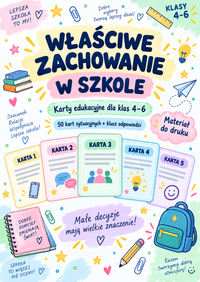 „Właściwe zachowanie w szkole” – 50 kart sytuacyjnych dla klas 4–6