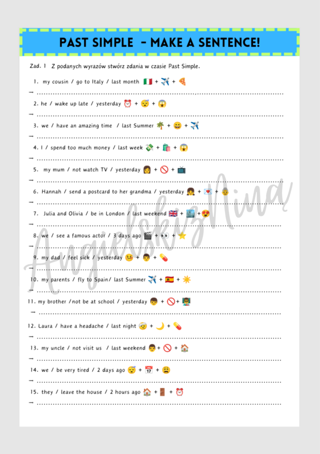 Make a Sentence! - Past Simple - karta pracy - czasowniki nieregularne & regularne - angielski - ćwiczenia - zadania - do druku - egzamin ósmoklasisty - matura - gramatyka - do wydrukowania - .pdf
