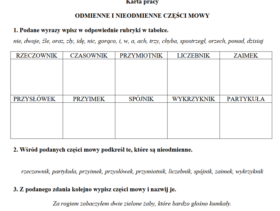 Karta pracy   ODMIENNE I NIEODMIENNE CZĘŚCI MOWY