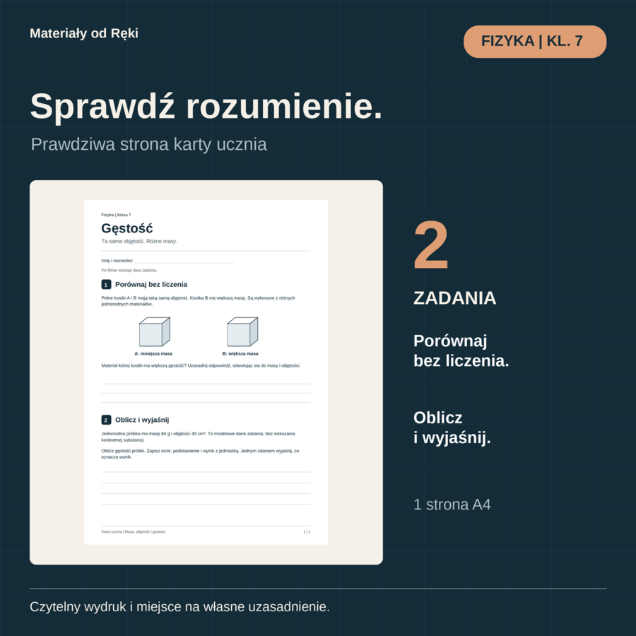 Gęstość w minutę - film, karta ucznia i klucz | Fizyka, klasa 7
