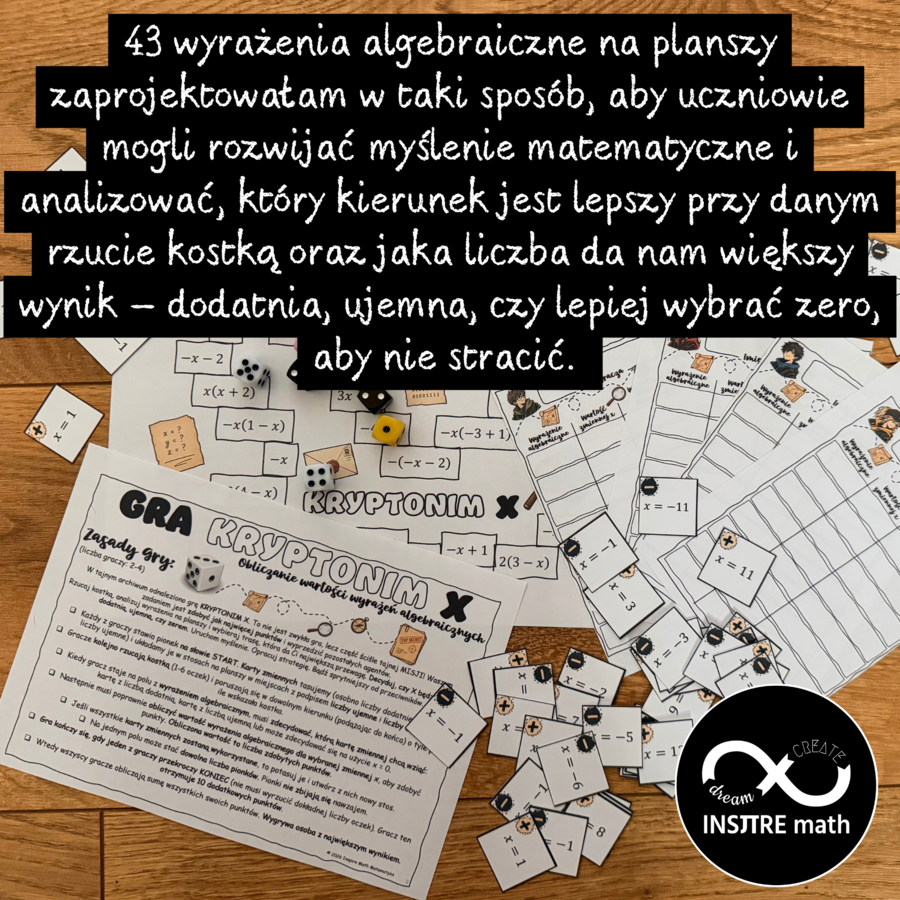 Wyrażenia algebraiczne GRA  KRYPTONIM  X obliczanie wartości wyrażeń algebraicznych i upraszczanie wyrażeń algebraicznych, Dzień Gier Planszowych