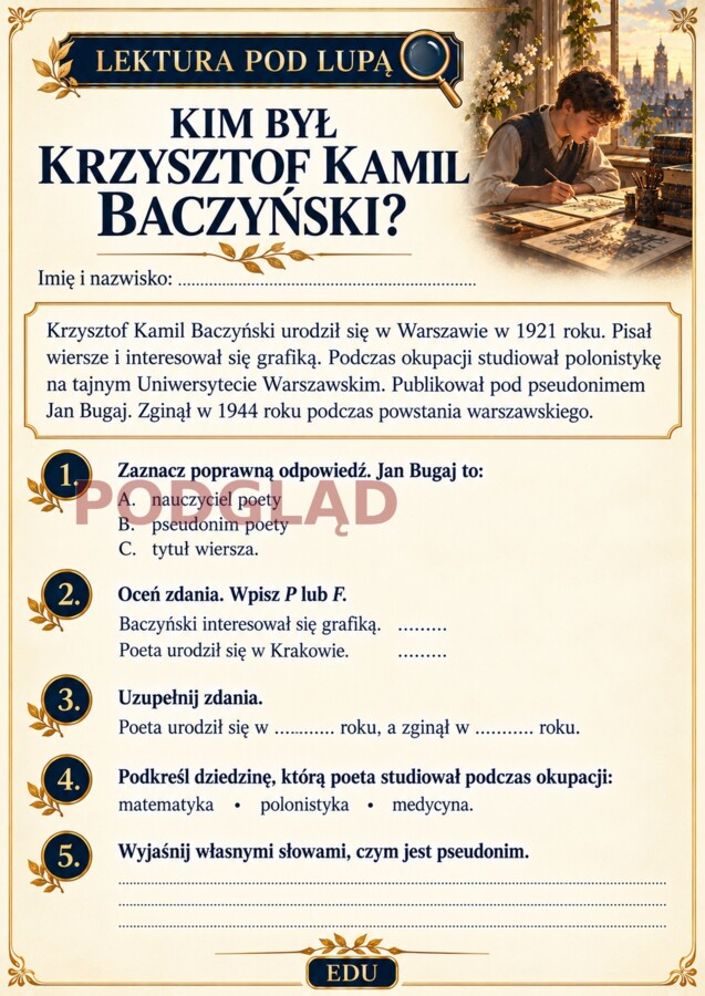 KRZYSZTOF KAMIL BACZYŃSKI – LIRYKA | 15 kart pracy, test i odpowiedzi | klasy 7–8 SP