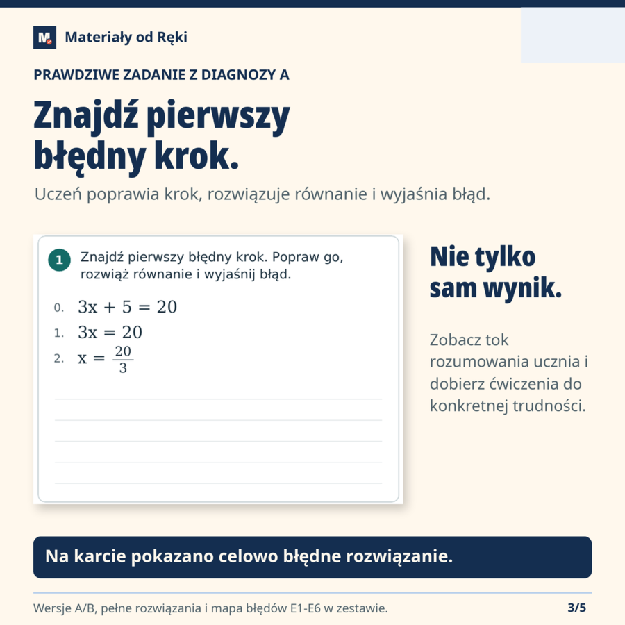 Równania: znajdź błędny krok - diagnoza i 3 ścieżki ćwiczeń | Matematyka, klasa 7