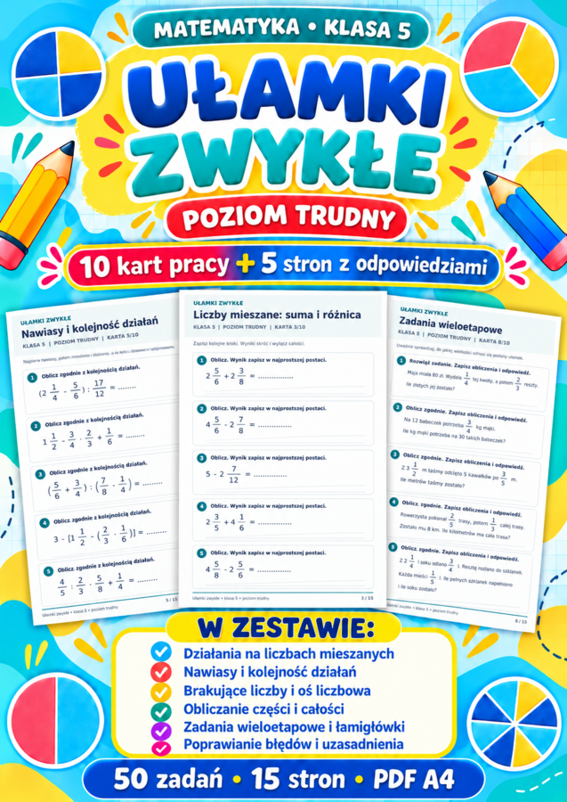 UŁAMKI ZWYKŁE-TRUDNE-klasa 5