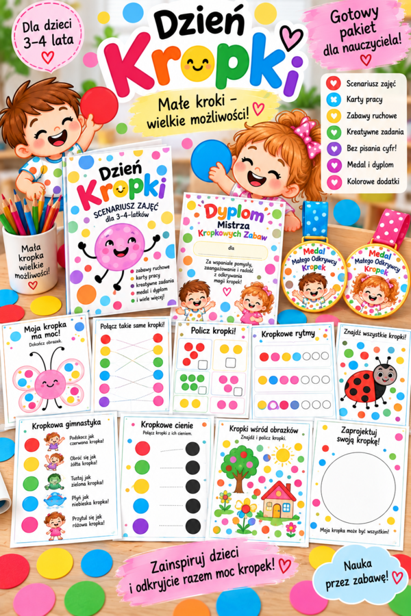 DZIEŃ KROPKI – „WIELKA MOC KROPKI” Scenariusz zajęć dla dzieci 3–4-letnich, karty ruchowe, rytmy, medal małego odkrywcy kropelek, dyplom mistrza kropkowych zabaw