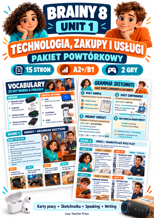 Brainy 8 Unit 1 – Technologia, zakupy i usługi | Powtórka A2+/B1 | 15 stron i 2 gry