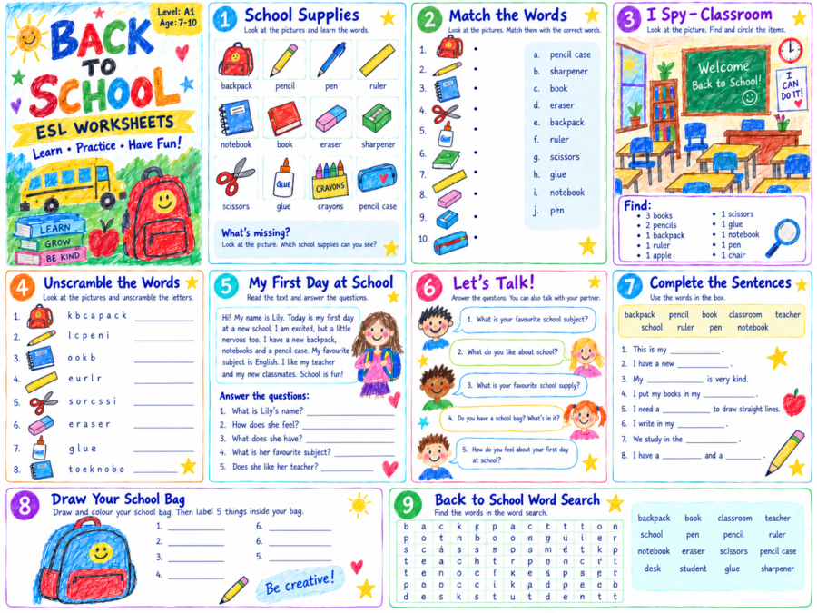 Back to School – zestaw kart pracy ESL | A1 | wiek 7–10 lat