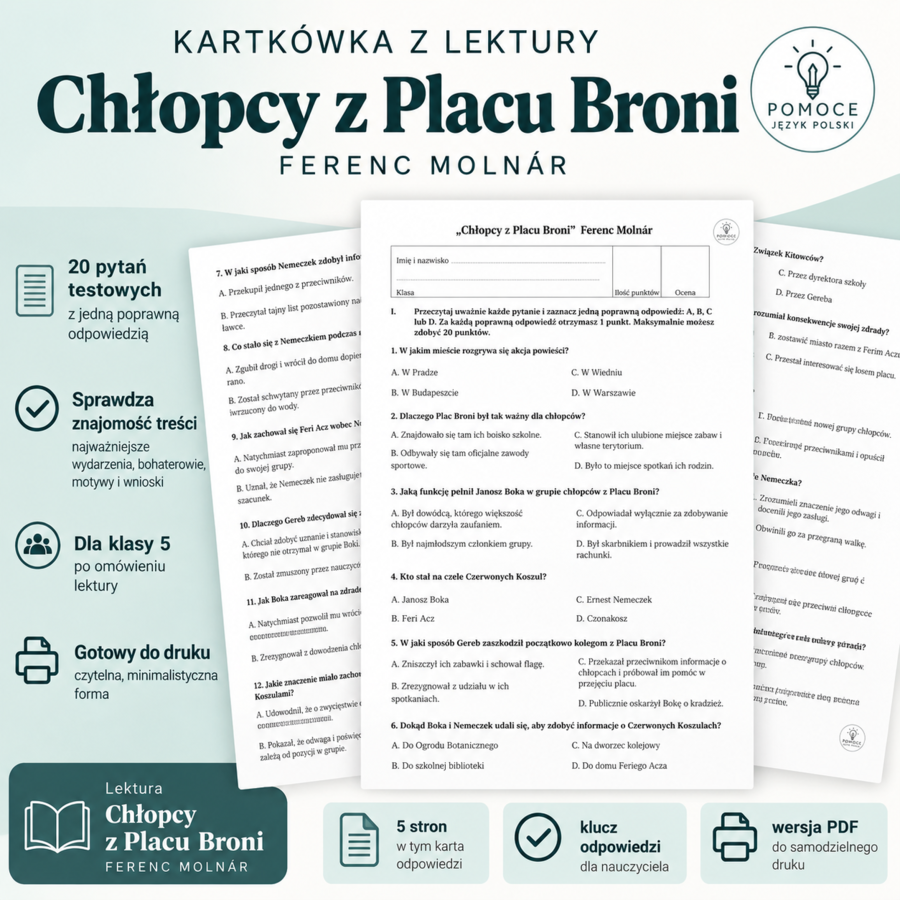 Chłopcy z Placu Broni kartkówka/test + klucz odpowiedzi