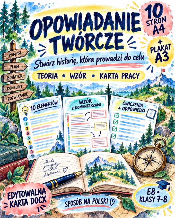 Opowiadanie twórcze bez tajemnic – 10 elementów twórczych, wzór, karta pracy i plakat | E8