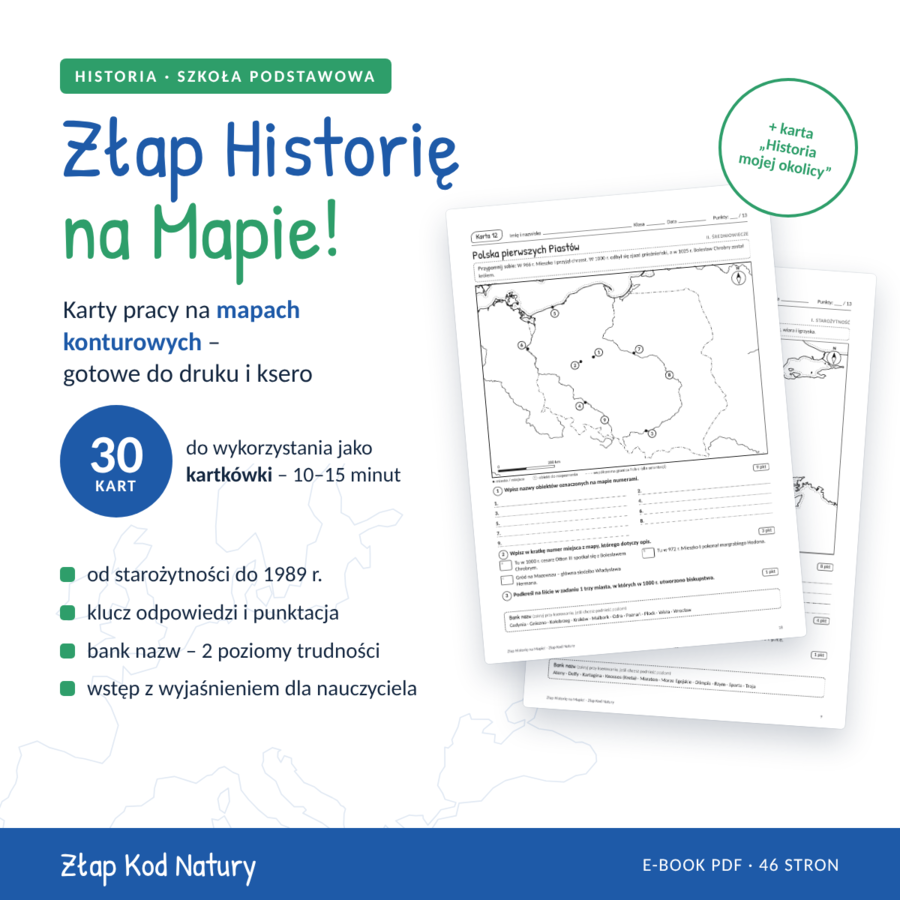 Złap Historię na Mapie! 30 kart pracy na mapach konturowych (PDF) – Gotowe do druku i ksero