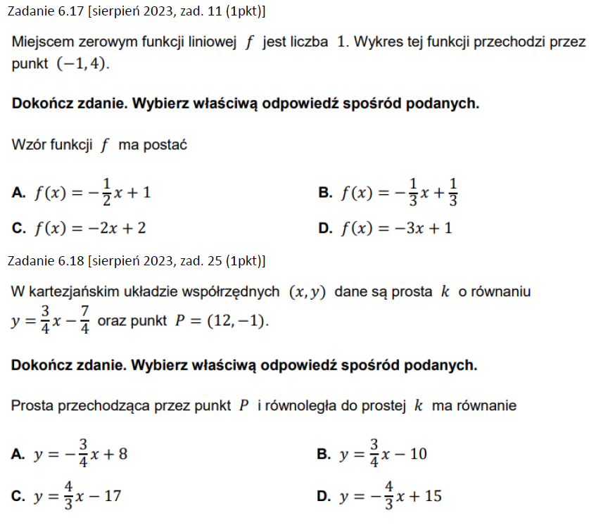 Przygotowanie do matury z matematyki - dział VI: Funkcja liniowa