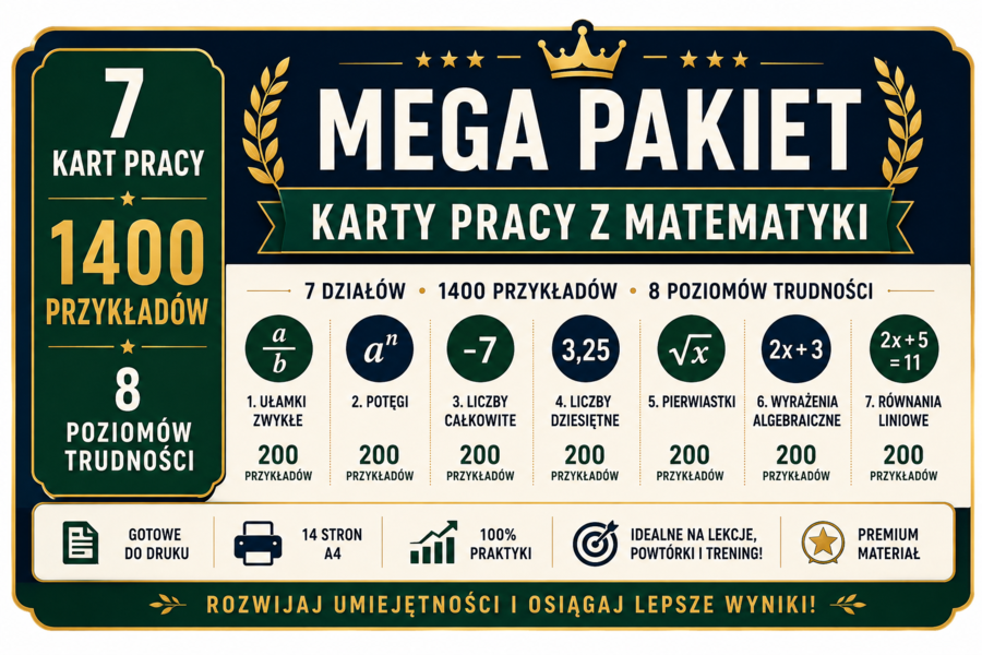 MEGA PAKIET kart pracy z matematyki | 1400 przykładów | 7 tematów | PDF do druku
