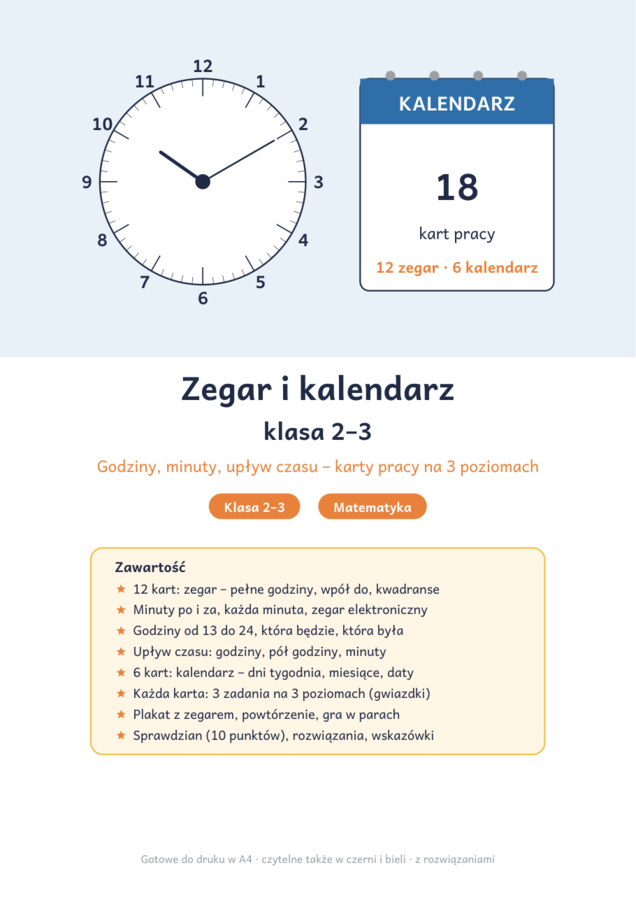 Zegar i kalendarz klasa 2–3: godziny, minuty, upływ czasu