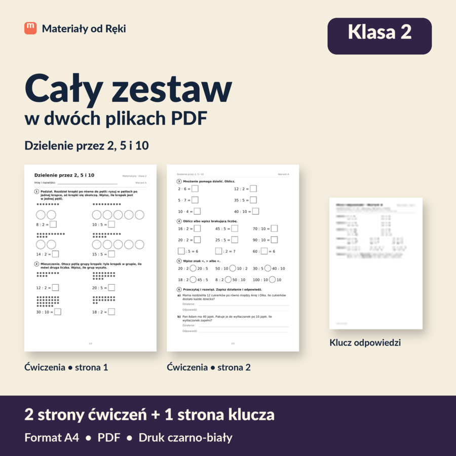 Dzielenie przez 2, 5 i 10: podział i mieszczenie - karta pracy z kluczem | Matematyka, klasa 2 | Wariant A