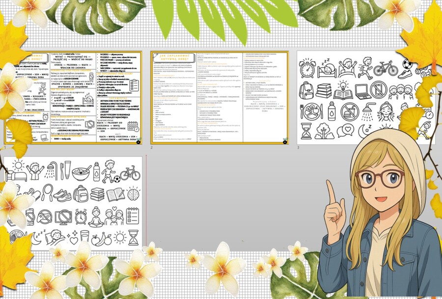 Sketchnotka/notatka - dla ucznia i przypomnienie dla nauczyciela w pdf. Temat "Jak zaplanować aktywną dobę?". Edukacja zdrowotna. Klasa 7.