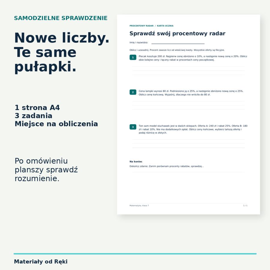 Procentowy radar - 3 pułapki rabatów | matematyka, klasa 7 | plansza i karta pracy