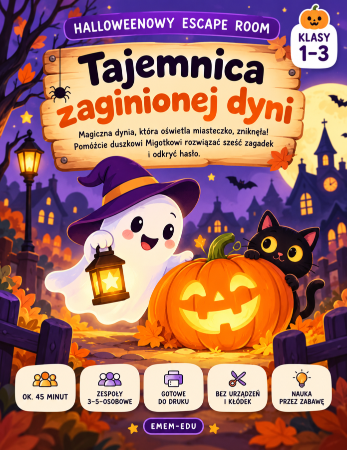 HALLOWEEN ESCAPE ROOM DLA KLAS 1–3 🎃 TAJEMNICA ZAGINIONEJ DYNI | 6 ZAGADEK | PDF DO DRUKU