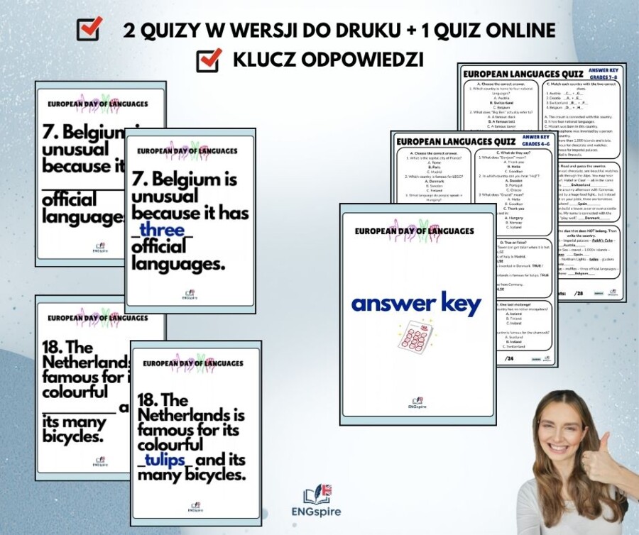 Europejski Dzień Języków – 22 Country Cards + 2 Quizy + Quiz Online | klasy 4–8