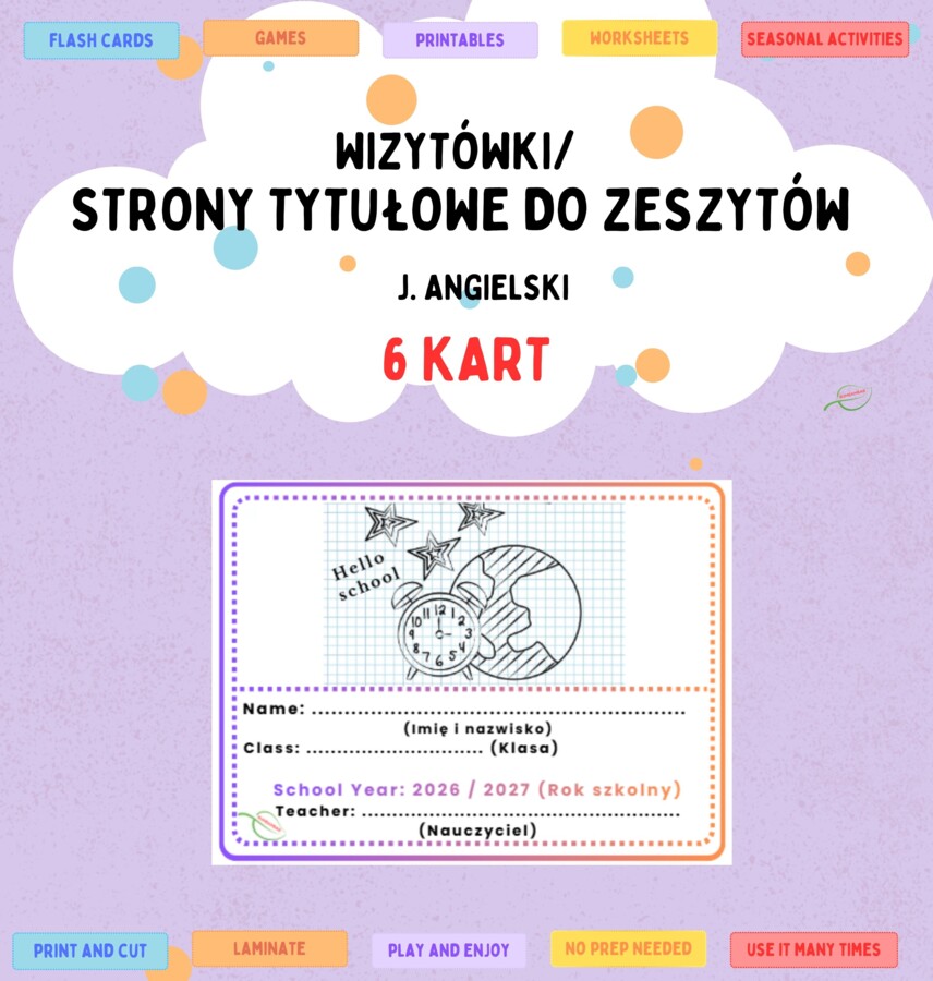 Wizytówka zeszytu z j. angielskiego dla klas 1- 3. Strona tytułowa/ metryczka/ okładka zeszytu