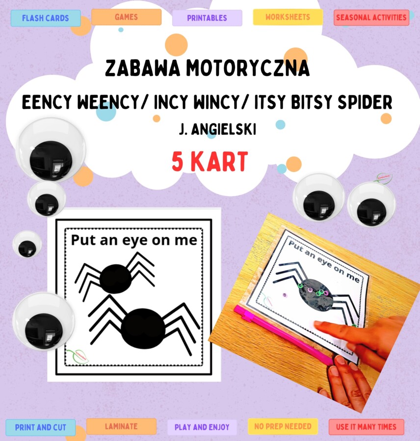 Zabawa motoryczna Incy wincy/Eetsy Beetsy Spider. Googly eyes game. Utrwalenie cyfr. Rymowanka na j. angielski.