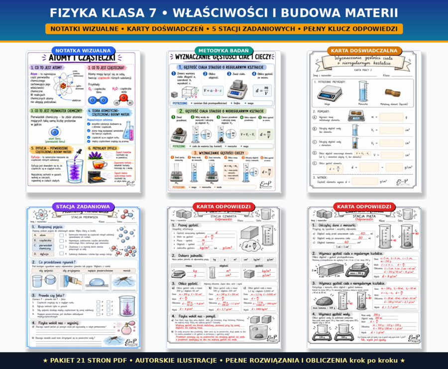Fizyka Klasa 7: WŁAŚCIWOŚCI I BUDOWA MATERII | Cały dział: Notatki + Karty doświadczalne + 5 Stacji zadaniowych + Klucz odpowiedzi (PDF)
