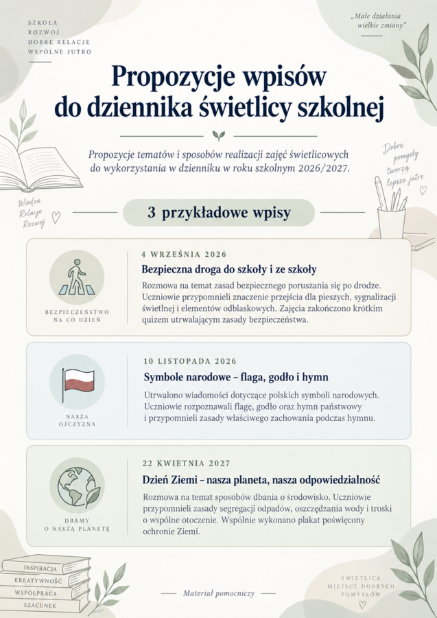 Propozycje wpisów do dziennika świetlicy 2026/2027