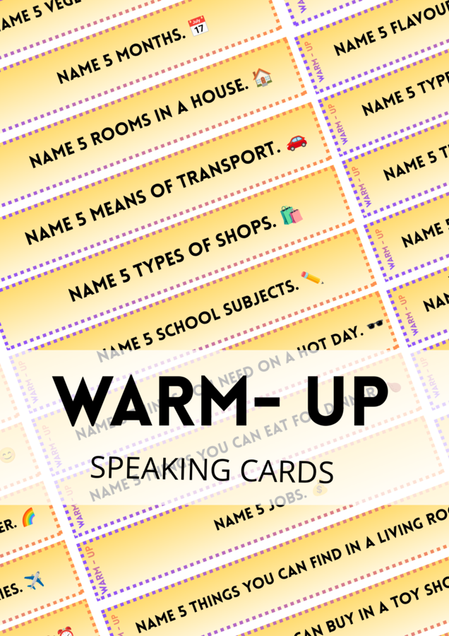 WARM-UP - NAME 5 - speaking - zestaw 128 Speaking Cards - paski - gra - mówienie - angielski - ice-breaker - rozgrzewka - zajęcia grupowe - do wydrukowania - do zalaminowania - A2 - B1 - .pdf