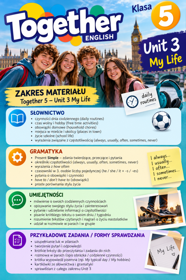Together 5 – Unit 3 My life – e-book: słówka, gramatyka krok po kroku, ćwiczenia, prace domowe + klucz | klasa 5 | 25 stron