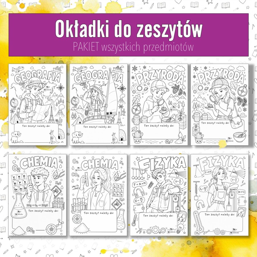PAKIET okładki do zeszytów. Wklejki na pierwszą stronę z wszystkich przedmiotów.