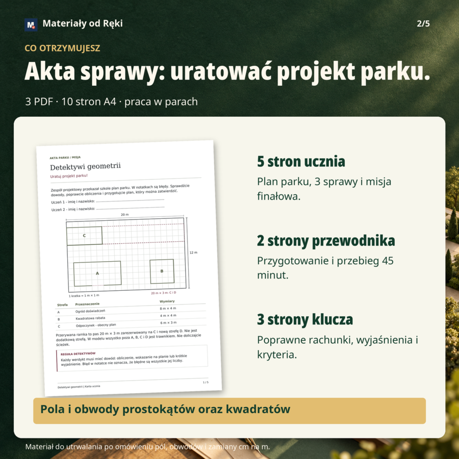 Pola i obwody - klasa 5 | Detektywi geometrii: Uratuj projekt parku!