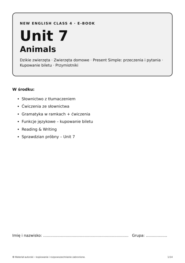 New English Class 4 – Unit 7 Animals | klasa 4 | e-book 14 stron + klucz