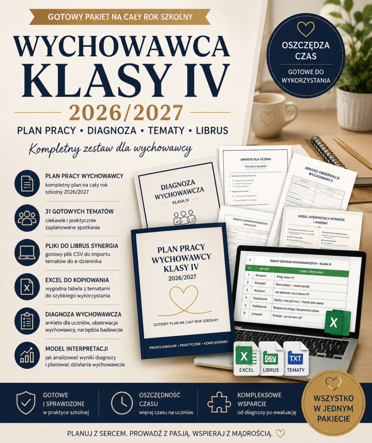 PLAN PRACY WYCHOWAWCY KLASY IV 20262027 – GOTOWY PAKIET DO DOKUMENTACJI I E-DZIENNIKA