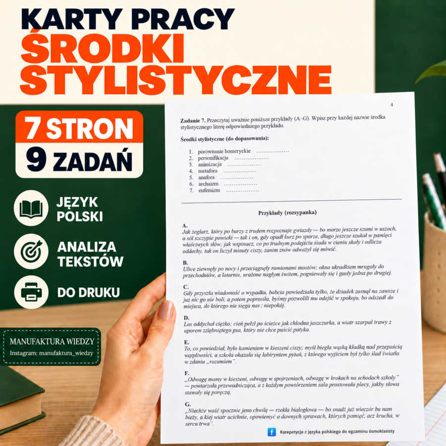 Środki stylistyczne – karty pracy | język polski, klasy 7–8 | powtórka przed egzaminem ósmoklasisty
