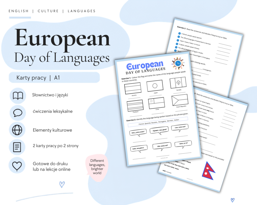European Day of Languages Worksheet - Europejski Dzień Języków obcych - karta pracy, języka angielski, poziom podstawowy