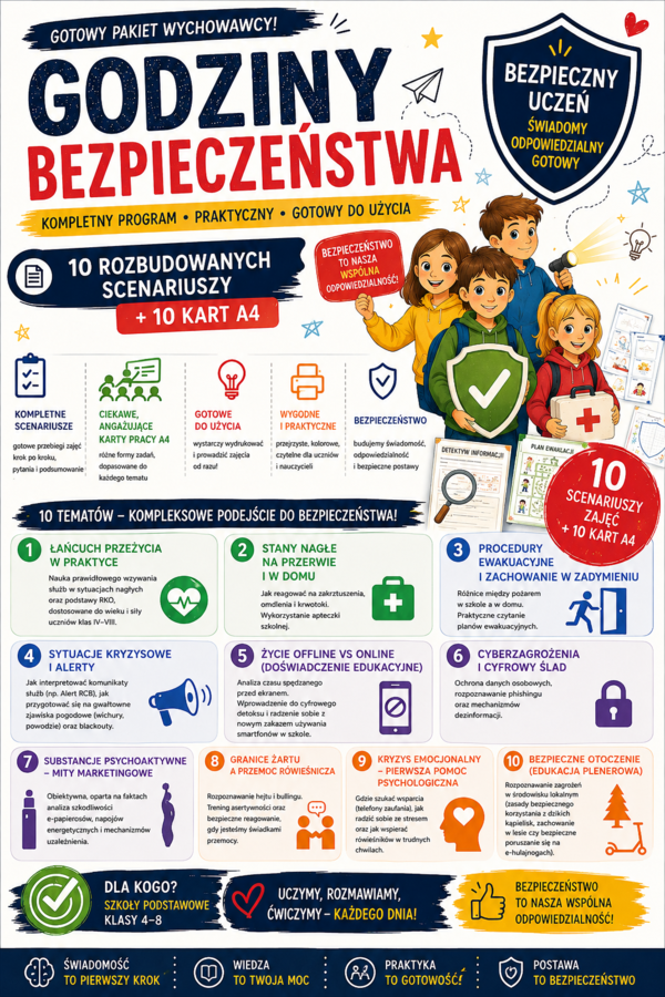 Pakiet wychowawcy (10 scenariuszy + karty pracy) – Bezpieczeństwo kl. 4–8