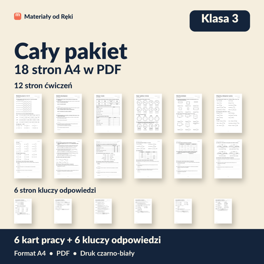 Matematyka klasa 3 - 6 tematów, 6 kart pracy z kluczami | Pakiet Wariant B